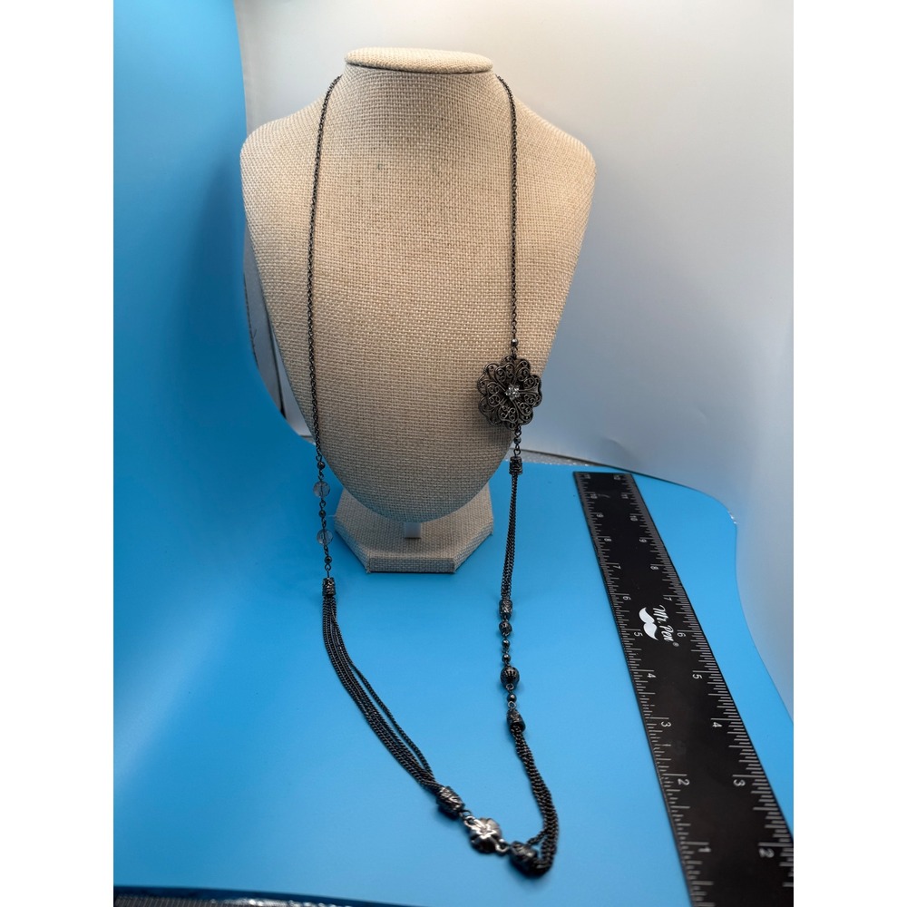 Gunmetal Filigree Flower Rhinestone Multi Strand Long Chain Necklace 36 Inch
